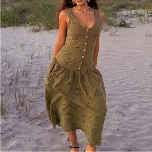 HOUSE OF HARLOW 1960  Faux Button Front Cotton Eyelet Dress in Olive Green sz 8